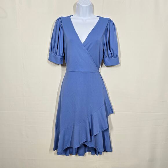 Susana Monaco Blue Ruffle Wrap Short Puffy Sleeves Dress Large - Picture 1 of 6